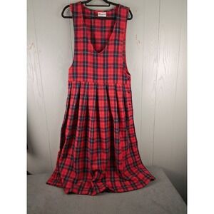 VINTAGE Womens Apron Maxi Jumper Dress Large Tartan Plaid Wool Blend Preppy USA